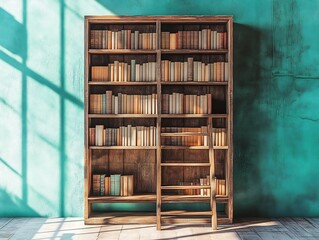 Tall wooden bookcase with ladder on vibrant emerald background 