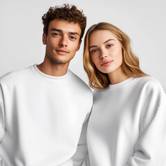 Couple in matching white sweatshirts, looking at the camera with confidence and style, ready for a casual photoshoot or branding, showcasing unity and trendy fashion