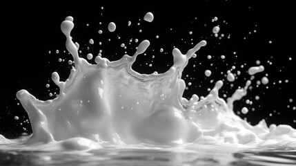 Dynamic Milk Splash Isolated in Mid-Air Against a Black Background with Detailed Water Droplets Captured in High Quality
