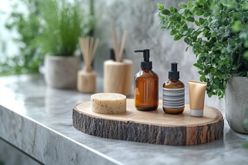 Aesthetic display of natural skincare products on a rustic wooden tray surrounded by greenery, creating a calming and eco-friendly atmosphere.