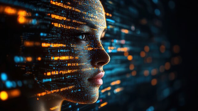 An abstract representation of a woman's face overlaid with digital data streams, highlighting the fusion of technology and human connection.