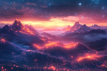Digital horizon with tech mountains glowing in the distance under a cyber sky.