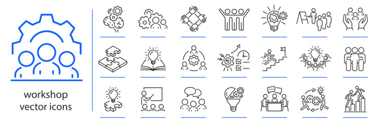 workshop icons, icon set of teamwork with coaching, training, meeting, simple symbols, linear vector illustration, outline editable stroke