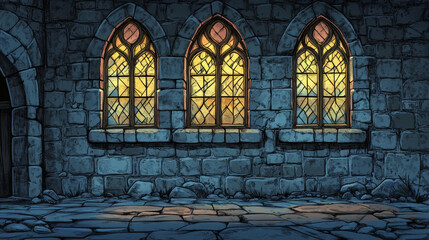 Fototapeta premium Old brick wall with glow stained glass windows at night. Vector cartoon illustration of medieval building facade with mosaic windows in wooden frame and stone wall