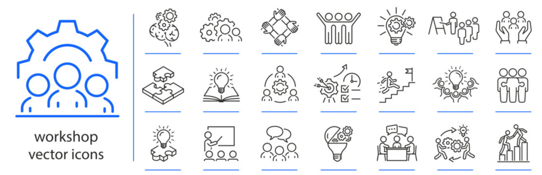 workshop icons, icon set of teamwork with coaching, training, meeting, simple symbols, linear vector illustration, outline editable stroke