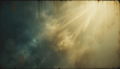 Stormy night sky with clouds, mist, and rays of light shining through the dark, abstract backdrop over the sea