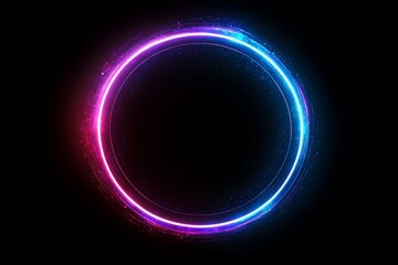 Glowing neon circle frame with pink and blue light trails on black background.