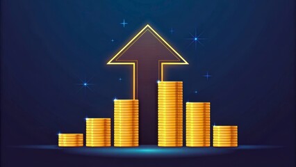 Golden Coins Stacking Upward with Arrow Signifying Growth and Success in Investment Economy
