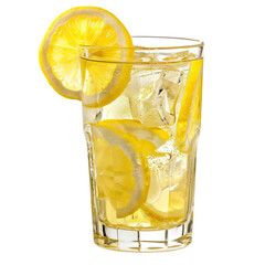 Refreshing glass of lemonade with ice and lemon slices. Perfect for summer hydration and a citrusy treat.