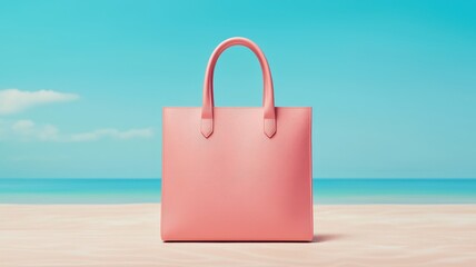 Stylish Coral Pink Tote Bag on Sandy Beach Summer Vacation Scene
