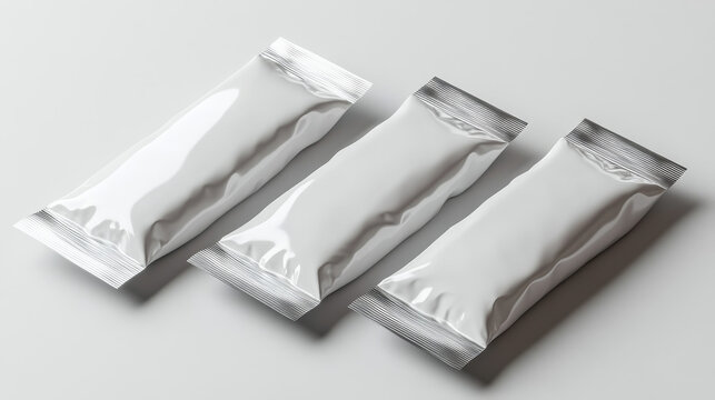 Chocolate bar mockup set with blank white packaging - rectangular snack wrapper templates, sealed foil sachet variations, realistic confectionery packet designs. Sweet product branding layouts.