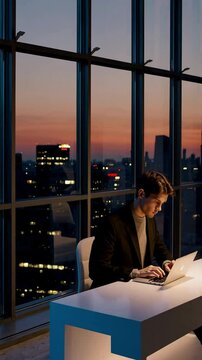 Low angle shot, Young professional typing on sleek laptop at minimalist white desk with city skyline visible through floor-to-ceiling windows, Conveying ambition and urban sophistication.
