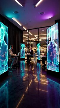 Dutch angle shot, Business meeting conducted via holographic display with remote participants, Cool cyan projections in contrast with warm office lighting, Suggesting futuristic connectivity.
