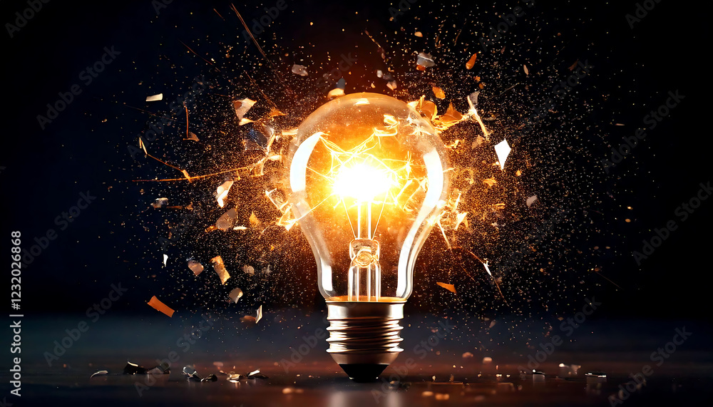 Poster dramatic image of a lightbulb exploding into a shower of sparks and light. perfect for concepts of i