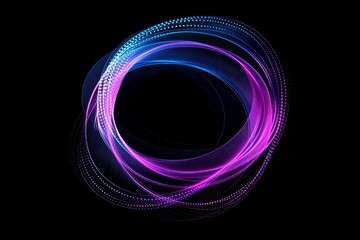 Abstract glowing neon circles with purple and blue light trails on a black background.