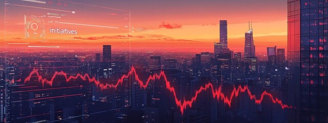 Cityscape at sunset with superimposed stock market graph showing a downturn.