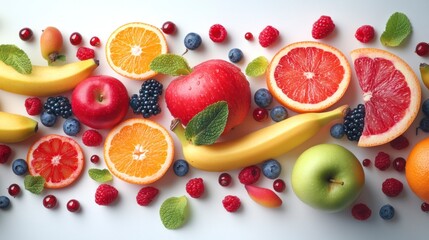 Vibrant Arrangement of Ripe Fruits on Isolated Background with Fresh Leaves and Berries