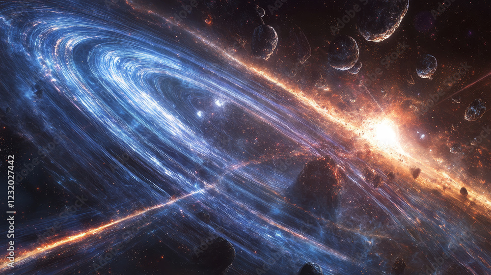 Poster comet and meteoroid fall speed trail galaxy vector set. 3d meteor shower with flame in sky effect wi