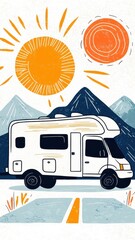 Campervan Road Trip Sunny Mountain Adventure Illustration