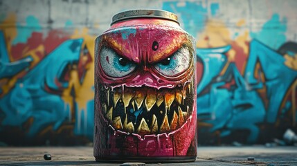 Grungy Monster Graffiti on Spray Can in Urban Setting with Colorful Background