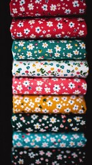 Obraz premium Stack of Colorful Floral Fabric Daisy Print Cotton Textiles Sewing Crafts