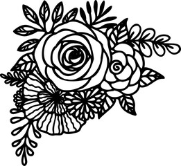 Hand drawing floral line art illustration featuring detailed rose,foliage,leaves, and botanical elements. For coloring pages, tattoo designs, laser cutting, and decorative clipart.