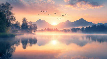 Obraz premium Sunrise landscape with lake, mountains and trees on coast. Vector cartoon illustration of nature scenery with coniferous forest on river shore, rocks, fog above water and birds in pink sky