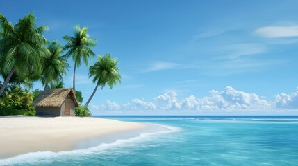 Fototapeta premium Tropical paradise relaxing beach scene with palm trees and crystal clear water on a sunny day