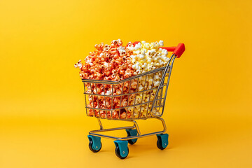 Colorful Popcorn in a Mini Shopping Cart for Creative Advertising and Marketing, Generative AI