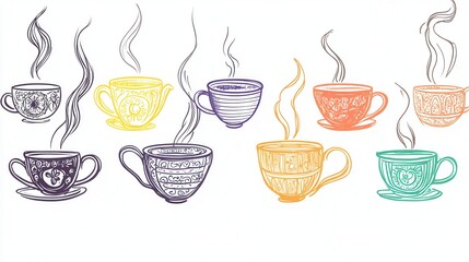 Whimsical Hand-Drawn Teacups and Mugs, Charming arrangements of unique designs, inviting warmth and creativity, transparent background for versatile use