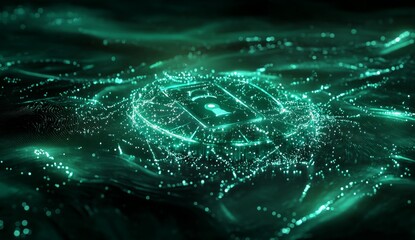 Abstract glowing teal padlock icon on dark digital wave background.