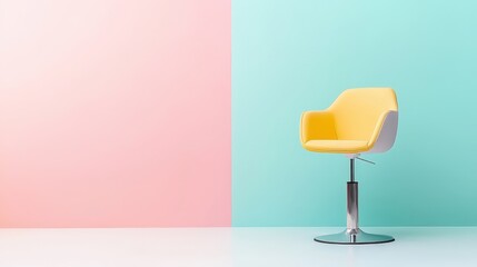 A yellow chair sits in front of a pink wall