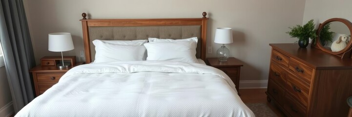 Cozy bedroom with a large bed, nightstands, and dresser in a quiet room, furniture, decor, bedroom