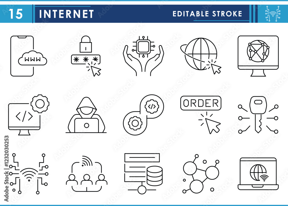Fototapete A set of line icons related to Internet. Wireless, shopping, hacker, network, server, programming, worldwide, and so on. Vector editable stroke.