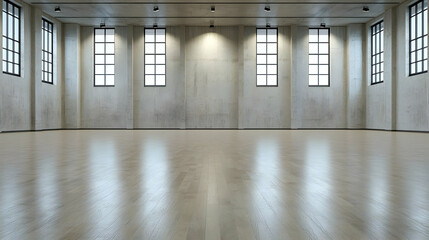 Empty industrial space, polished floor, large windows, architectural design, event venue