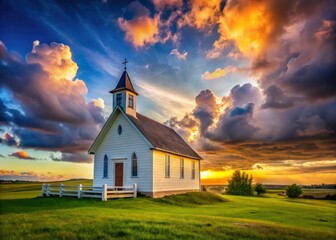 Serene countryside scene: white church under a dramatic sky.