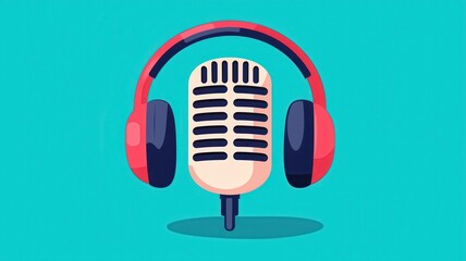 Fototapeta premium Retro Microphone with Red Headphones Podcast Audio Recording Music Streaming Concept Illustration