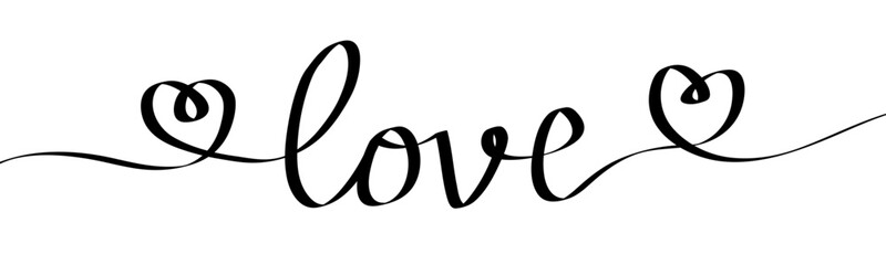 Hand drawn Love word One line style. Thread ribbon in shape of word Love. Two hearts. Lettering for header, announcement, advertising, poster, banner. Flat design. White background. Isolated. Vector