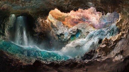 Cave waterfall, vibrant colors, fantasy landscape, mystical background, nature scene