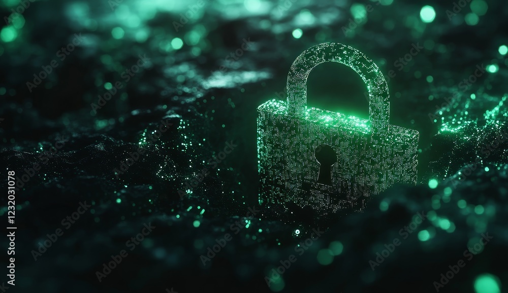 Poster glowing digital padlock embedded in dark, particle-filled terrain.