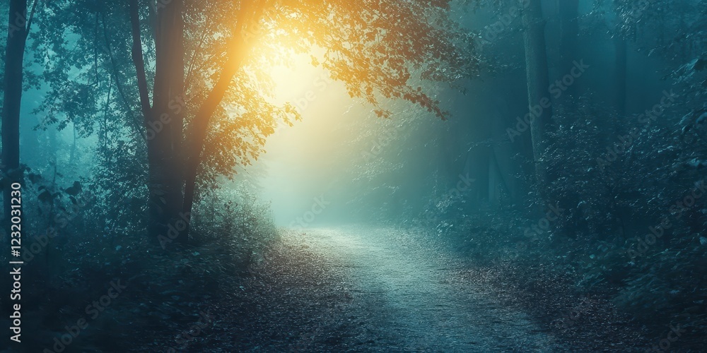 Poster mysterious forest path illuminated by soft golden light through dense trees.
