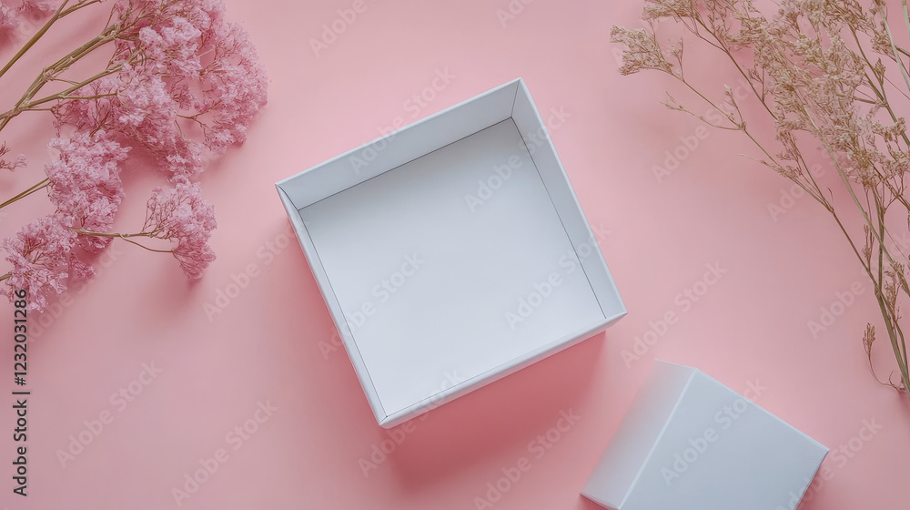 Poster 3d open empty white gift box blank mockup top view vector. paper square package with lid realistic p