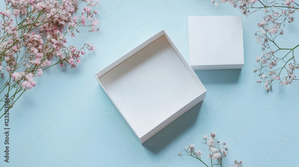Poster 3d open empty white gift box blank mockup top view vector. paper square package with lid realistic p
