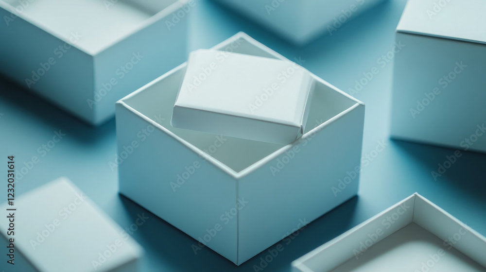 Poster 3d open empty white gift box blank mockup top view vector. paper square package with lid realistic p