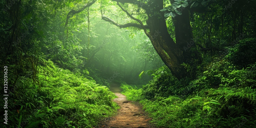 Poster serene forest path surrounded by lush greenery and dappled sunlight filtering through trees.