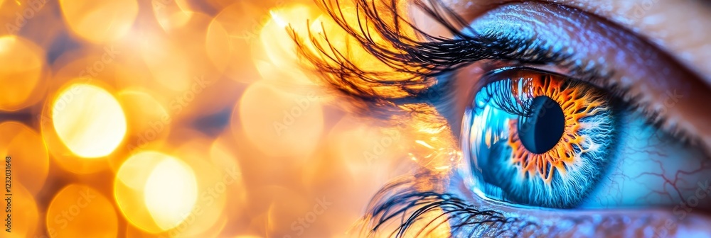 Poster human eye, macro close up with detailed iris texture and light reflection, shallow depth of field