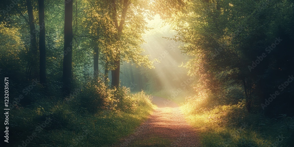 Poster serene forest pathway illuminated by soft rays of sunlight through lush green trees.