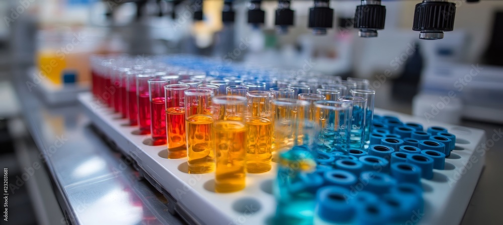 Poster vivid liquids in an array of colorful test tubes in a scientific laboratory setting