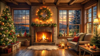 Obraz premium Cozy Christmas cottage with a warm fireplace and decorated windows, crackling fire, festive windows, log cabin, frozen lake