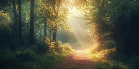 Obraz premium Serene forest pathway illuminated by soft rays of sunlight through lush green trees.